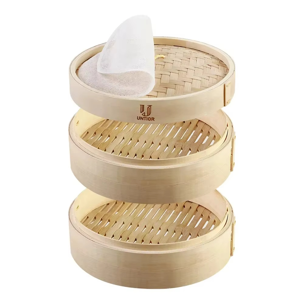 Bao Steamer Bamboo - 10インチ竹製蒸し器（蓋付き）- 100%天然竹 - 餃子、点心、野菜、魚、肉の調理用バスケット蒸し器