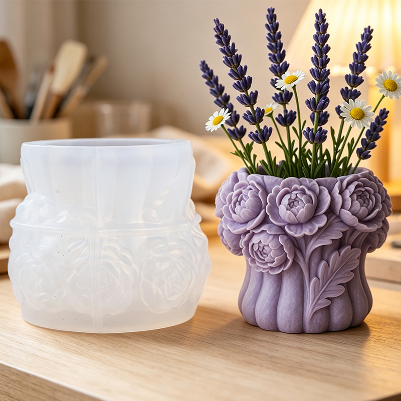 Potsticker Mold - 3D ローズフラワー花瓶シリコンモールド DIY ペンホルダー収納容器燭台植木鉢クラフト鋳造金型家の装飾