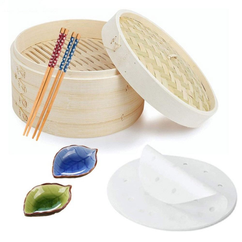 Bao Steamer Bamboo - 中国蒸し器 竹蒸し器 蓋付き蒸し器 蒸しかご 肉まん、野菜、スナック用蒸しかご 竹蒸し器
