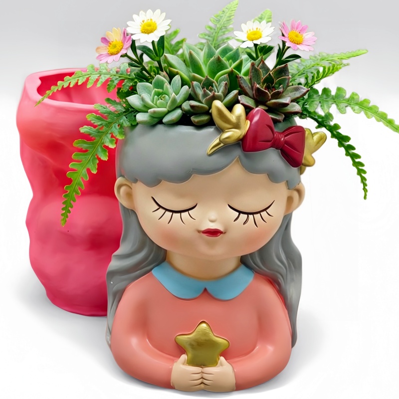 Potsticker Mold - 2026 シリコンモールド セメント製植木鉢用 | 星型の多肉植物プランターを持つ少女 |