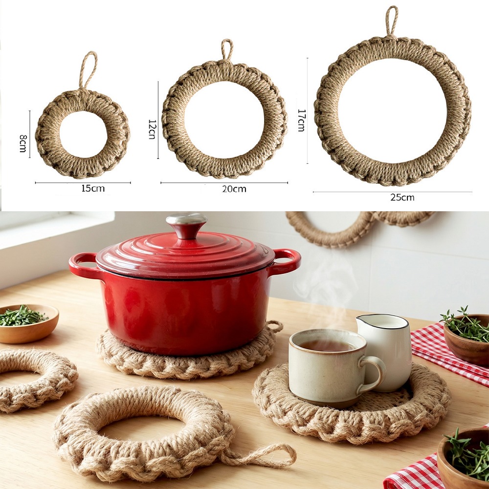 Cast Iron Corn - 2個入り素朴なジュート織りトリベット、ボヘミアン風ホットパッド、厚手耐熱丸型ロープポットホルダー、鋳鉄製フライパン、テーブルデコレーション用
