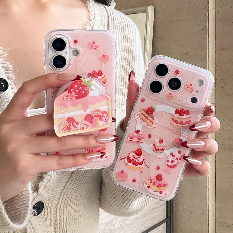 Taco Stand Holder - キュートなイチゴケーキ型シェイキングブラケット付きマグネット式iPhoneケース iPhone 17 Pro/16/14/15 Pro Max用