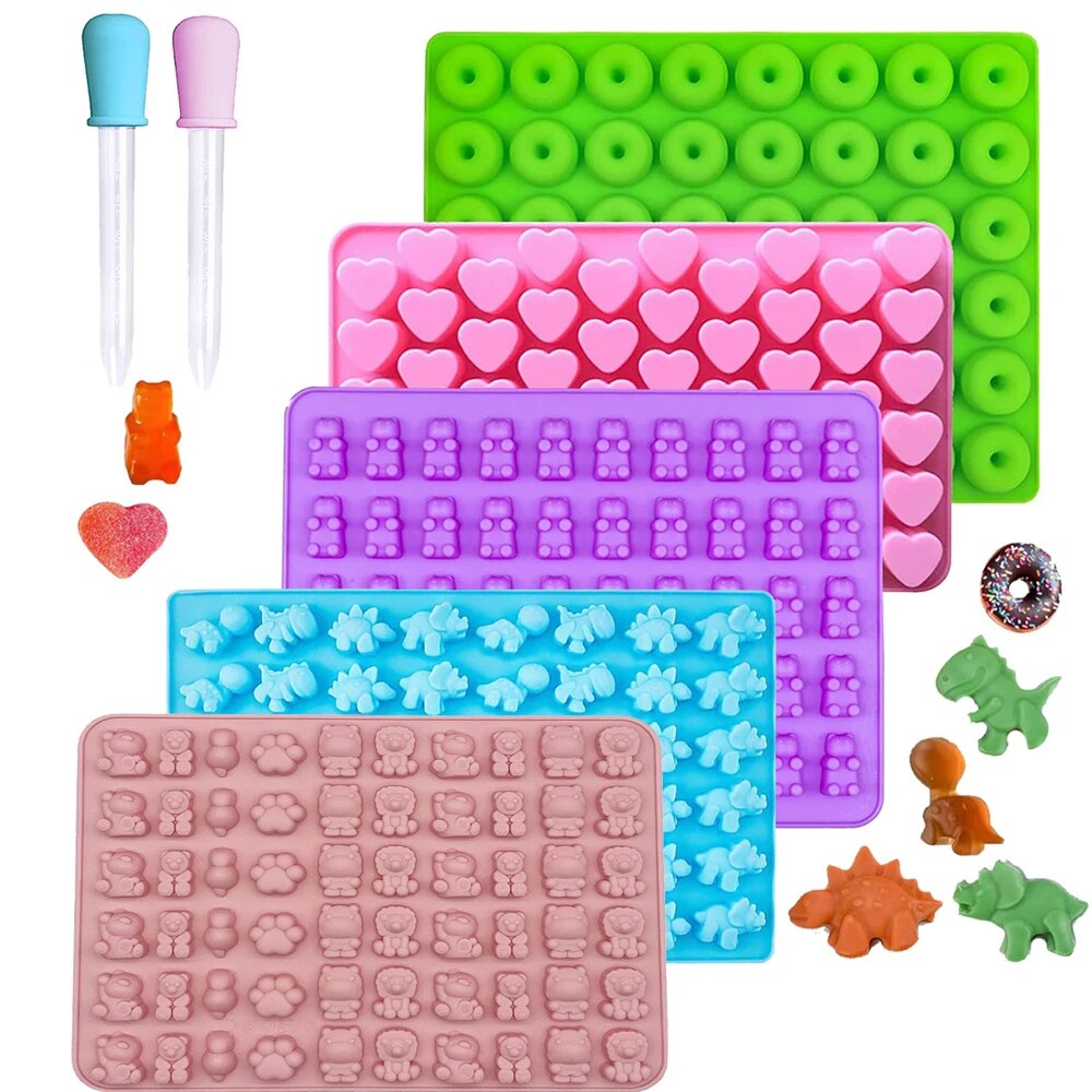 Donut Mold Silicone - グミベア型シリコンミニチョコレートキャンディ型子供用スポイト2本付き恐竜ベアハートドーナツ型