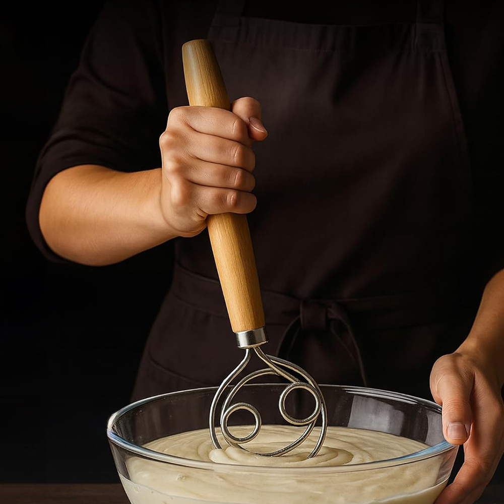 Danish Pancake Pan - 304ステンレス鋼製生地泡立て器、滑らかな木製ハンドル付き、サワードウ＆パンの混ぜるための13インチのデンマーク式生地泡立て器、パンツール
