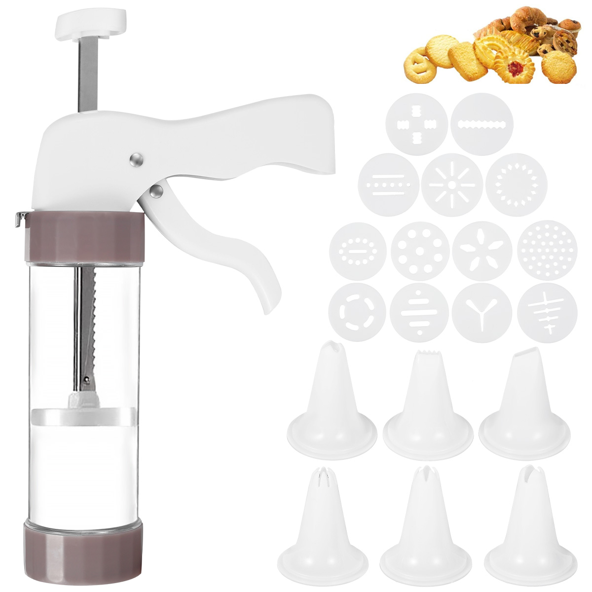 Churros Maker Gun - クッキープレスセット クッキープレスガンキット ビスケットメーカー チュロスメーカー クッキープレスマシン 13個のクッキーディスクと6個のアイシングノズル付き