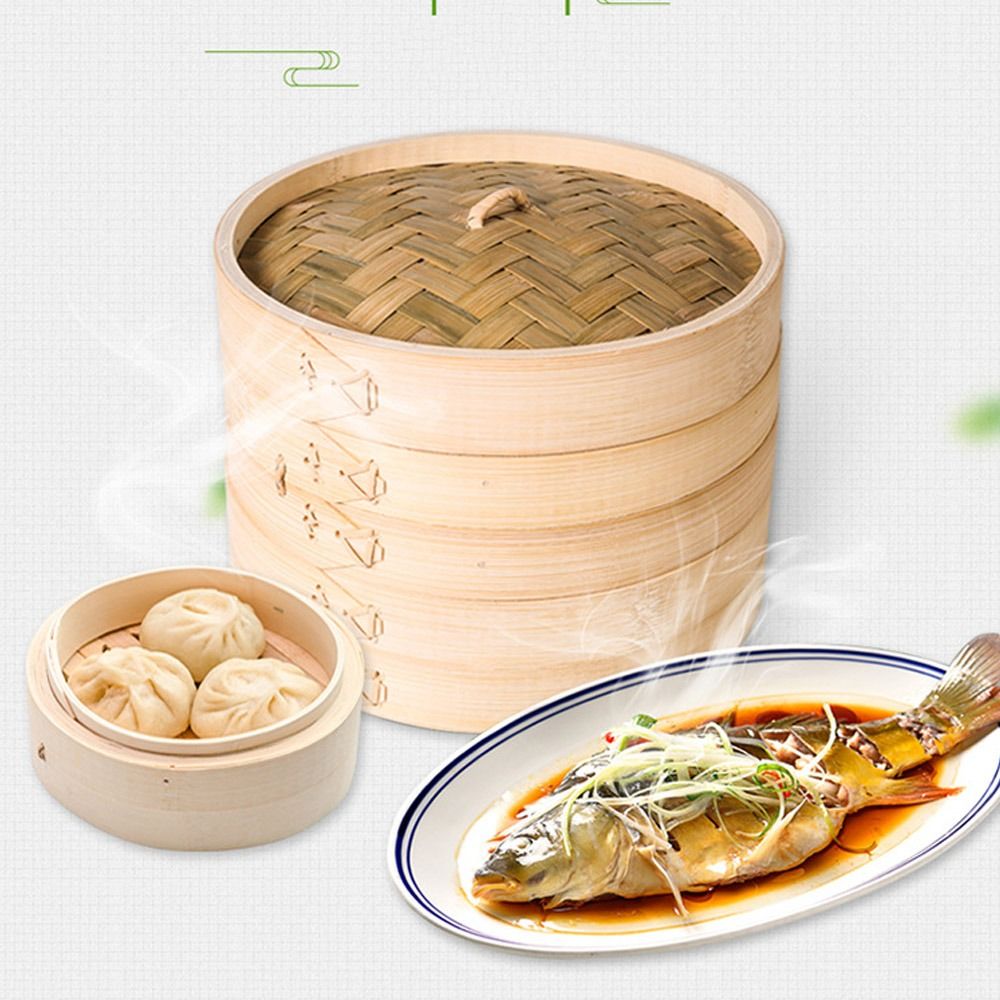 中国蒸し器 竹蒸し器 蓋付き蒸し器 蒸しかご 肉まん、野菜、 - Bao Steamer Bamboo のレビューと価格