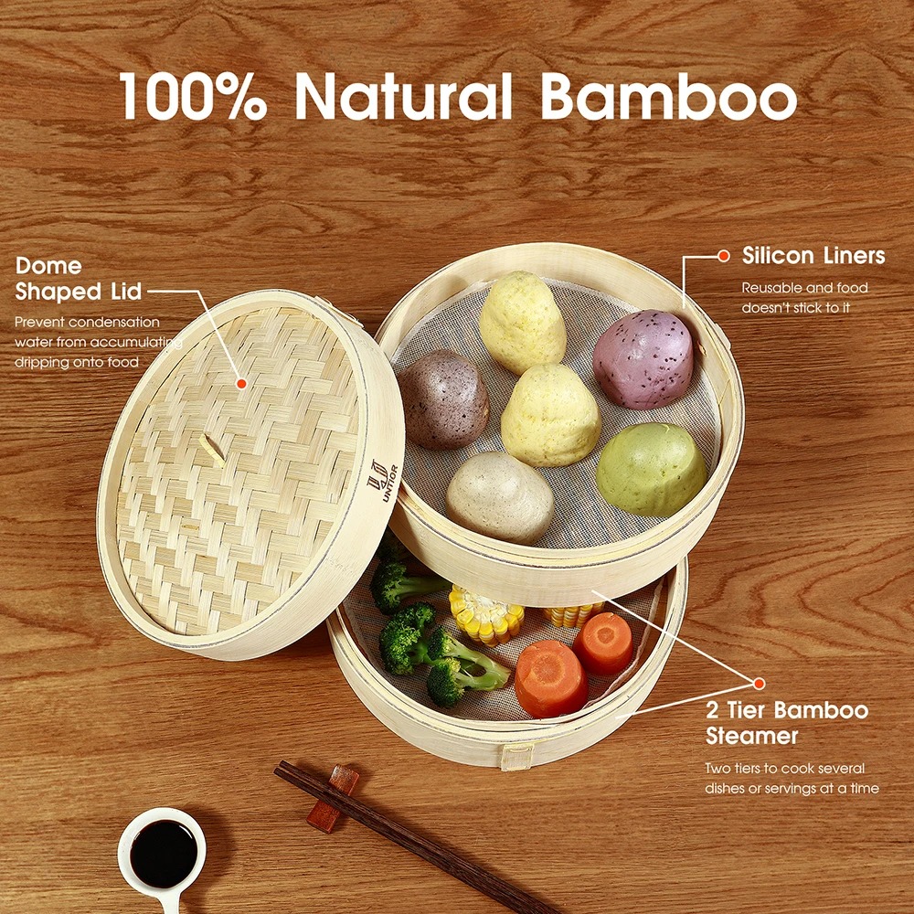ふた付き竹製スチーマーバスケット、調理用中国製ダンプリングス - Bao Steamer Bamboo のレビューと価格